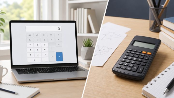 Máy tính online trên laptop và máy tính cầm tay trên bàn