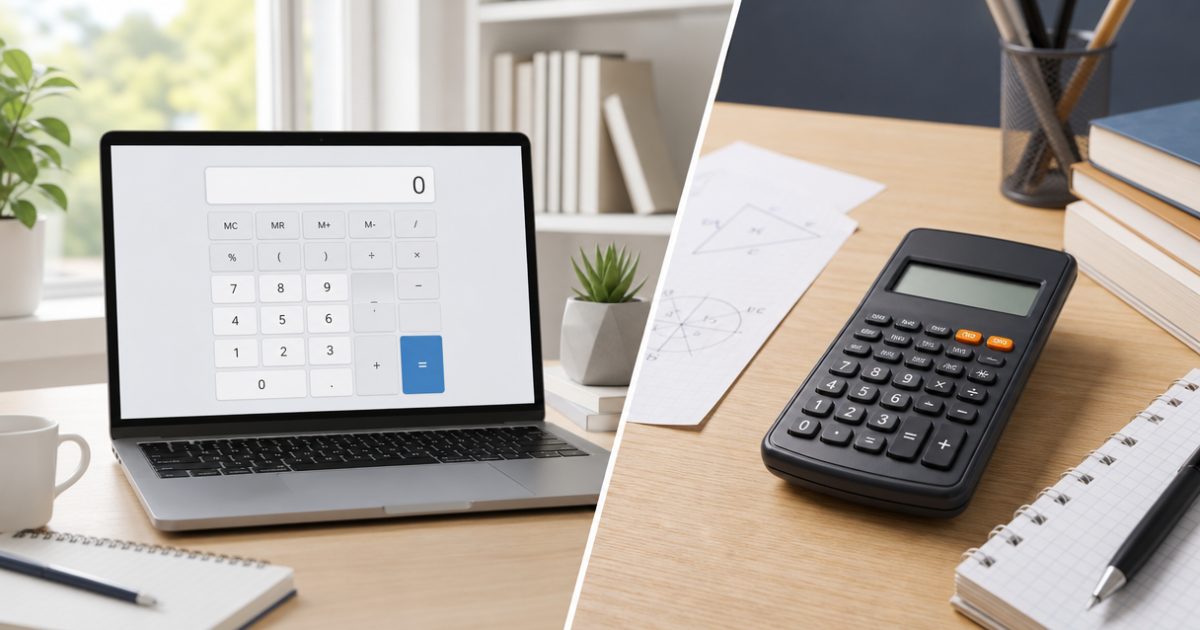 Máy tính online trên laptop và máy tính cầm tay trên bàn