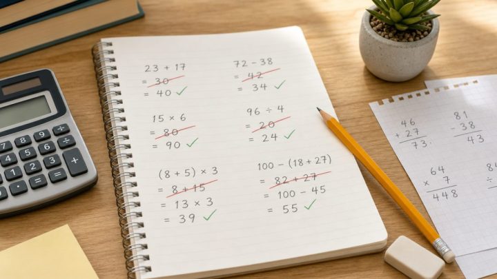 Bàn học với giấy nháp và máy tính, minh họa các phép tính dễ nhầm