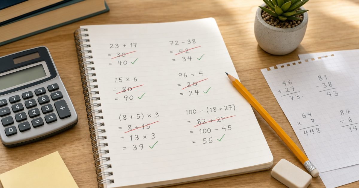 Bàn học với giấy nháp và máy tính, minh họa các phép tính dễ nhầm