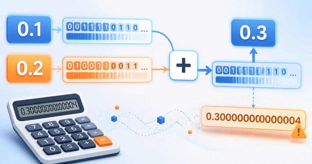 Minh họa vì sao phép tính 0,1 cộng 0,2 đôi khi hiển thị thành 0,30000000000000004