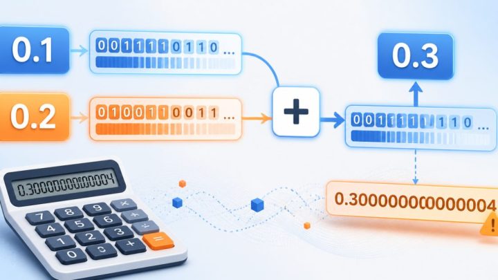 Minh họa vì sao phép tính 0,1 cộng 0,2 đôi khi hiển thị thành 0,30000000000000004