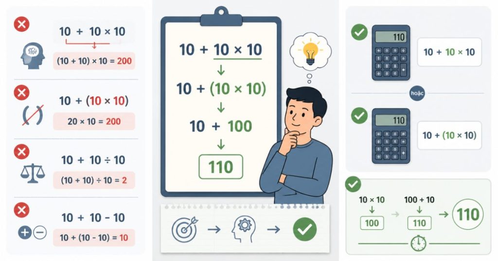 Những lỗi thường gặp khi tính biểu thức tương tự - 10 + 10 × 10 bằng bao nhiêu