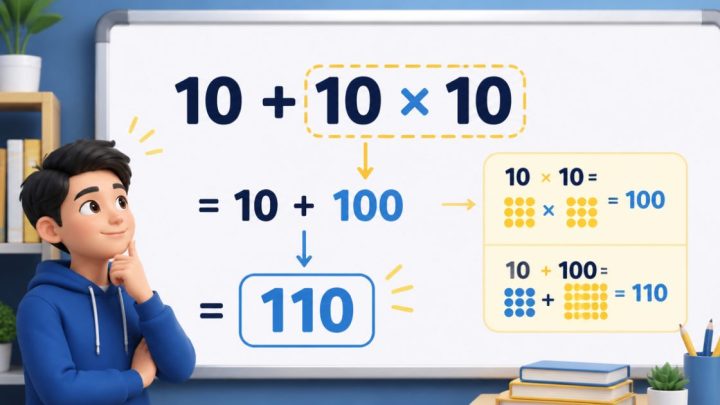 Minh họa cách tính 10 + 10 × 10 bằng 110 theo thứ tự thực hiện phép tính