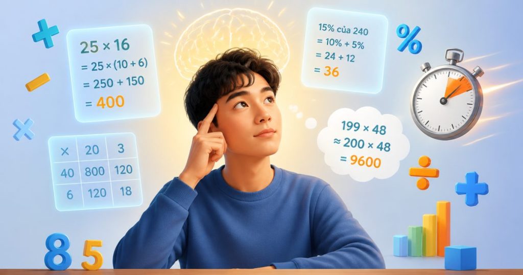 Minh họa các mẹo tính nhẩm nhanh phép nhân, chia, phần trăm và bình phương