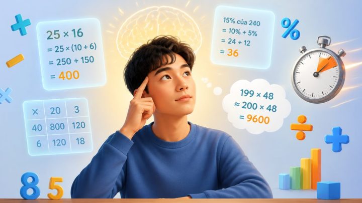 Minh họa các mẹo tính nhẩm nhanh phép nhân, chia, phần trăm và bình phương