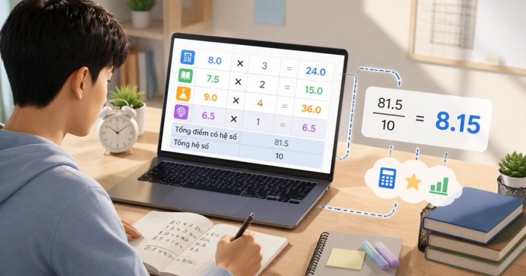 Minh họa cách tính điểm trung bình có hệ số bằng máy tính online