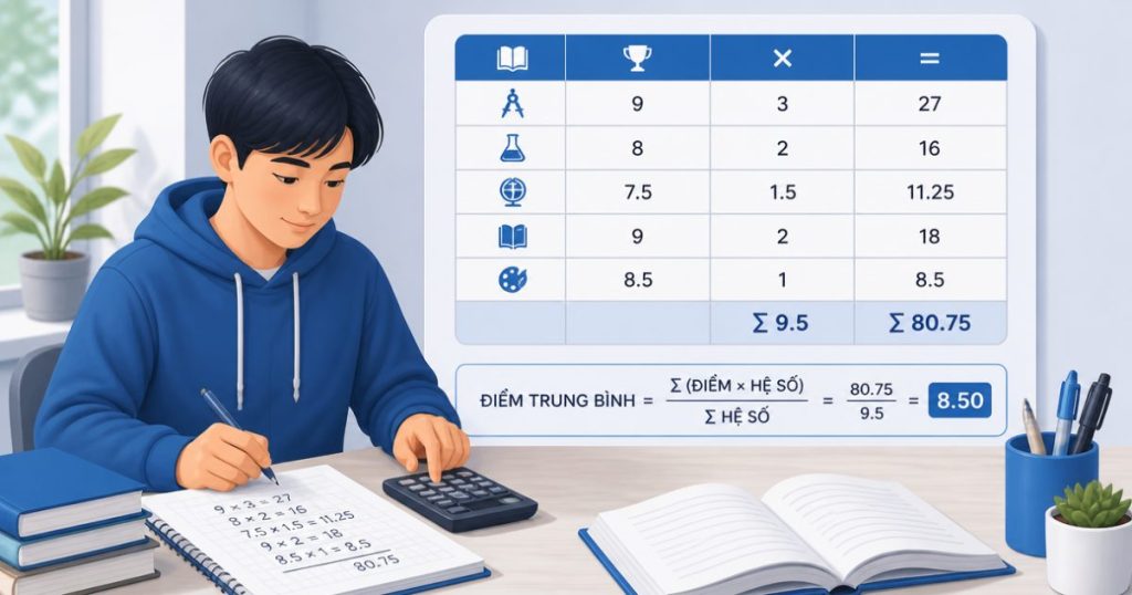 Bảng minh họa cách tính điểm trung bình khi các môn có hệ số khác nhau