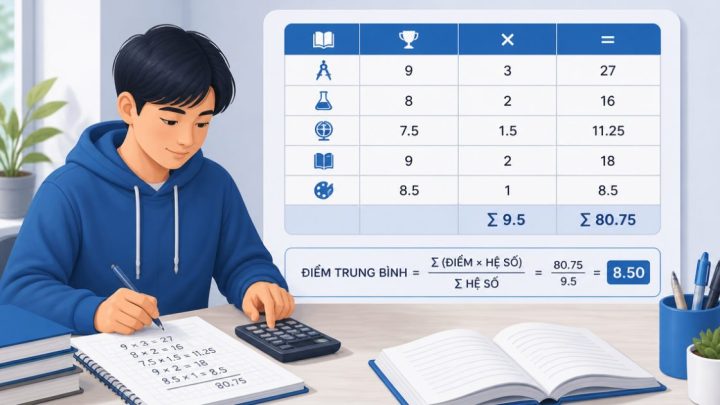 Bảng minh họa cách tính điểm trung bình khi các môn có hệ số khác nhau