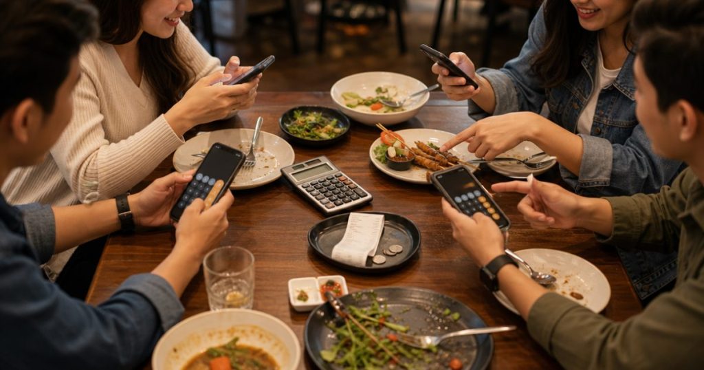 Nhóm bạn chia tiền ăn với hóa đơn và máy tính
