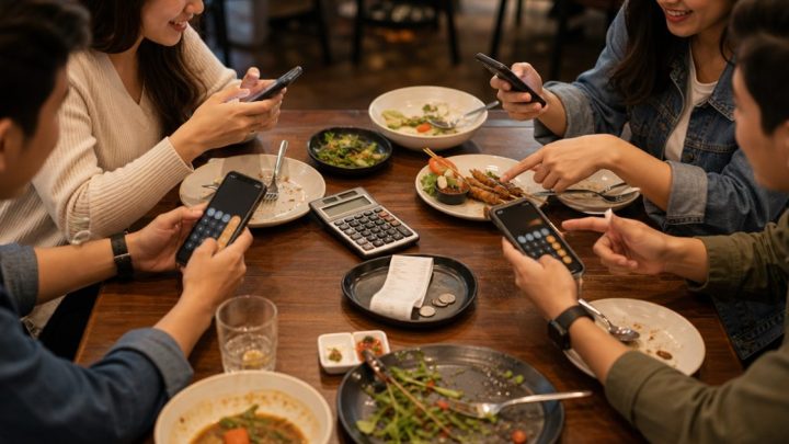 Nhóm bạn chia tiền ăn với hóa đơn và máy tính