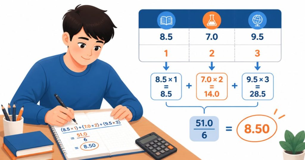Minh họa cách tính điểm trung bình có hệ số bằng bảng điểm và các hệ số 1, 2, 3