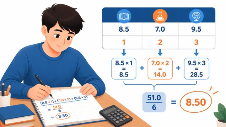 Minh họa cách tính điểm trung bình có hệ số bằng bảng điểm và các hệ số 1, 2, 3