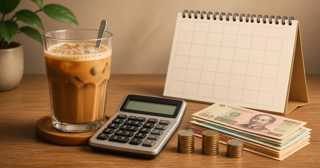 Ly cà phê đặt cạnh máy tính và lịch để minh họa chi phí uống cà phê mỗi ngày trong một năm