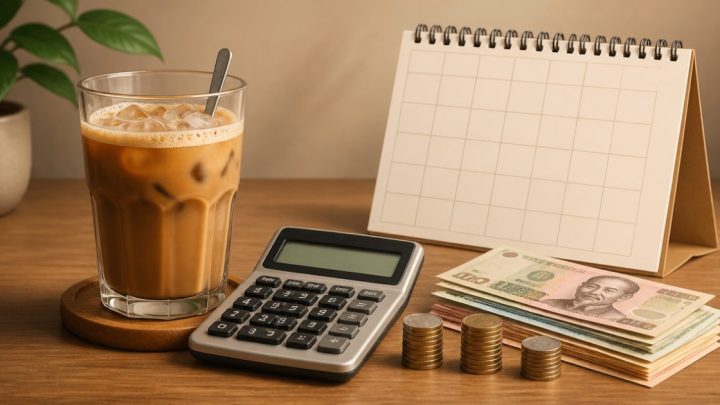 Ly cà phê đặt cạnh máy tính và lịch để minh họa chi phí uống cà phê mỗi ngày trong một năm