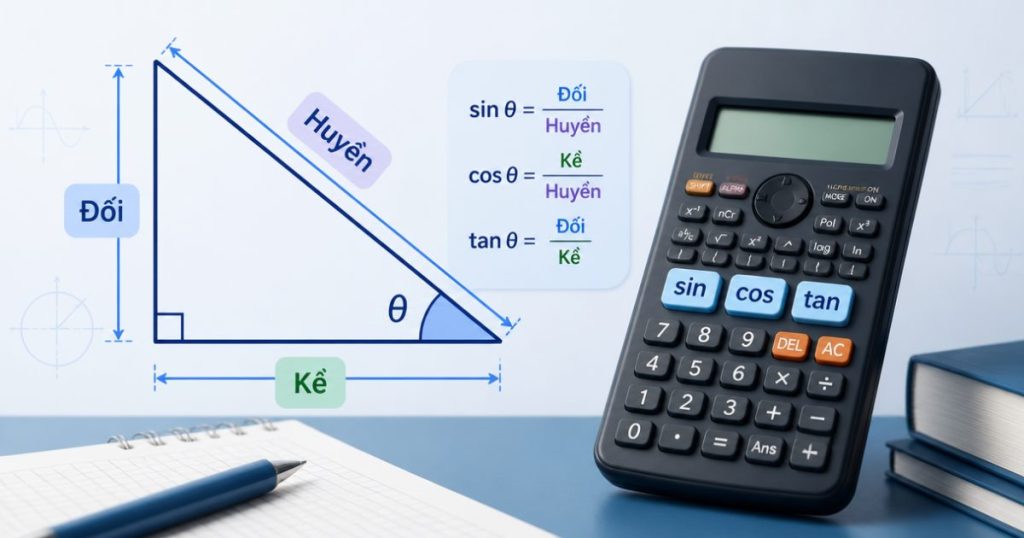 Minh họa công thức sin cos tan trong tam giác vuông và cách bấm máy tính